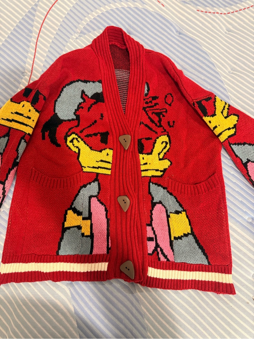 Iceberg Red Graphic Shawl Collar Cardigan with Yellow Accents